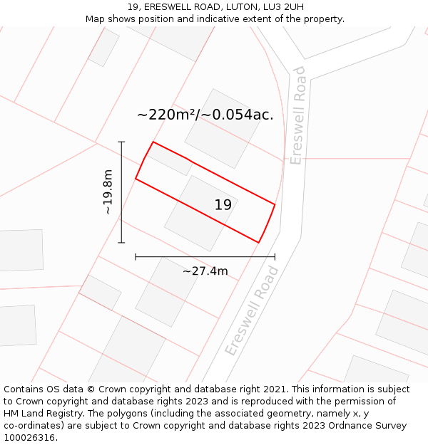 19, ERESWELL ROAD, LUTON, LU3 2UH: Plot and title map