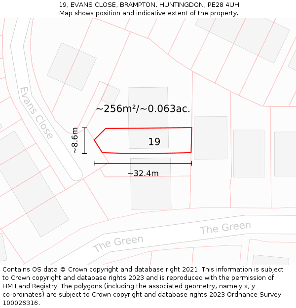 19, EVANS CLOSE, BRAMPTON, HUNTINGDON, PE28 4UH: Plot and title map