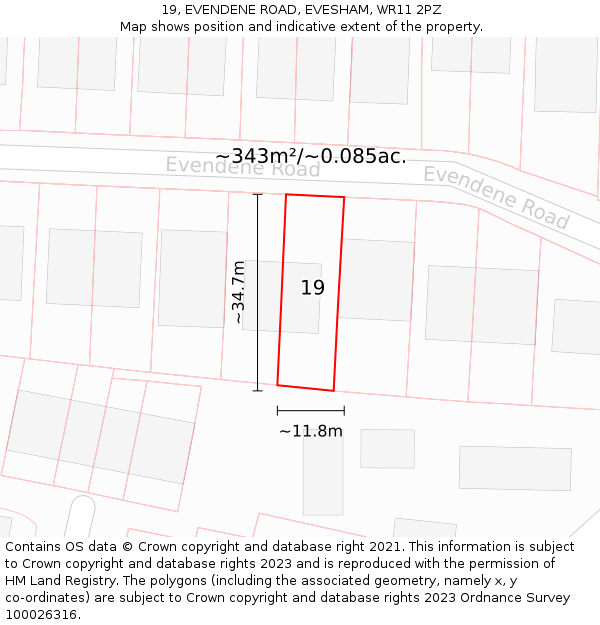 19, EVENDENE ROAD, EVESHAM, WR11 2PZ: Plot and title map