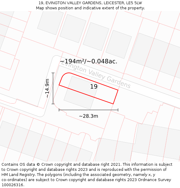 19, EVINGTON VALLEY GARDENS, LEICESTER, LE5 5LW: Plot and title map