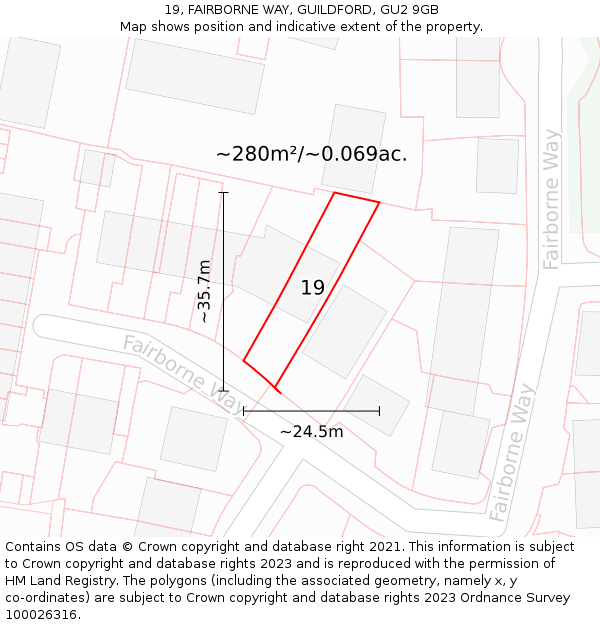 19, FAIRBORNE WAY, GUILDFORD, GU2 9GB: Plot and title map