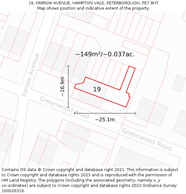 19, FARROW AVENUE, HAMPTON VALE, PETERBOROUGH, PE7 8HT: Plot and title map