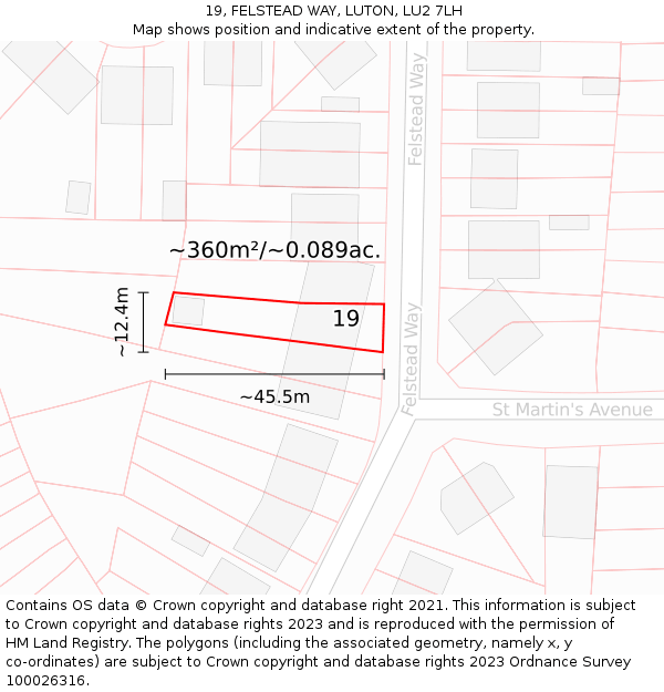 19, FELSTEAD WAY, LUTON, LU2 7LH: Plot and title map