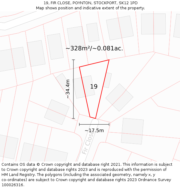 19, FIR CLOSE, POYNTON, STOCKPORT, SK12 1PD: Plot and title map