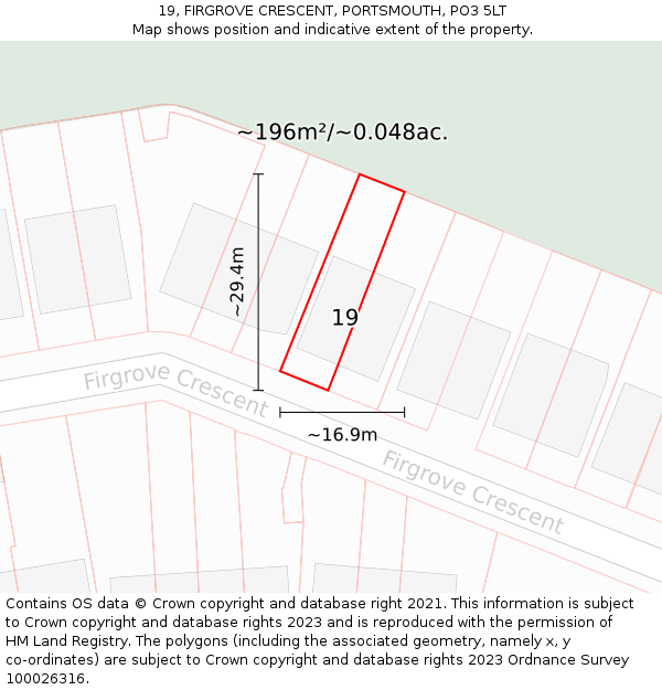 19, FIRGROVE CRESCENT, PORTSMOUTH, PO3 5LT: Plot and title map