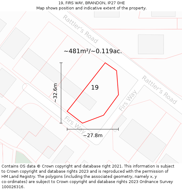 19, FIRS WAY, BRANDON, IP27 0HE: Plot and title map