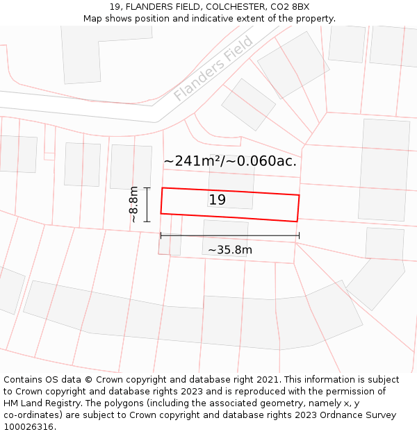 19, FLANDERS FIELD, COLCHESTER, CO2 8BX: Plot and title map