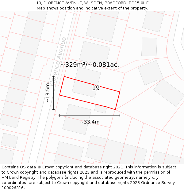 19, FLORENCE AVENUE, WILSDEN, BRADFORD, BD15 0HE: Plot and title map
