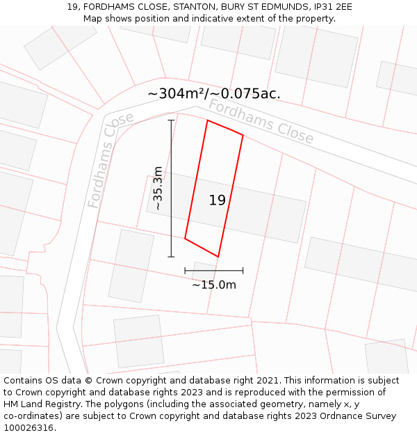 19, FORDHAMS CLOSE, STANTON, BURY ST EDMUNDS, IP31 2EE: Plot and title map