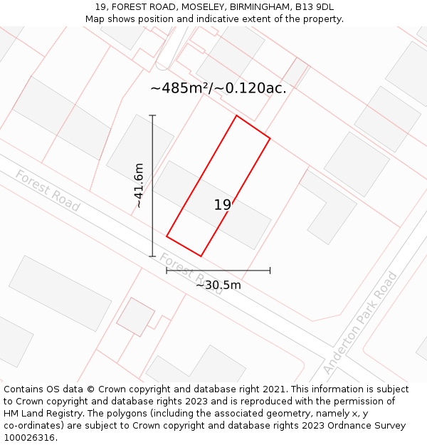 19, FOREST ROAD, MOSELEY, BIRMINGHAM, B13 9DL: Plot and title map