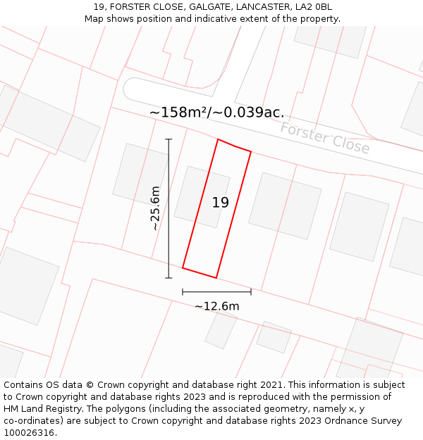 19, FORSTER CLOSE, GALGATE, LANCASTER, LA2 0BL: Plot and title map
