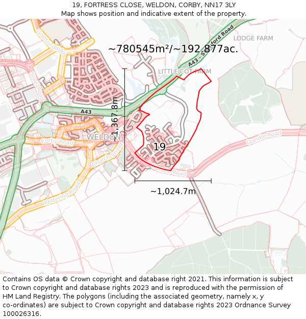 19, FORTRESS CLOSE, WELDON, CORBY, NN17 3LY: Plot and title map