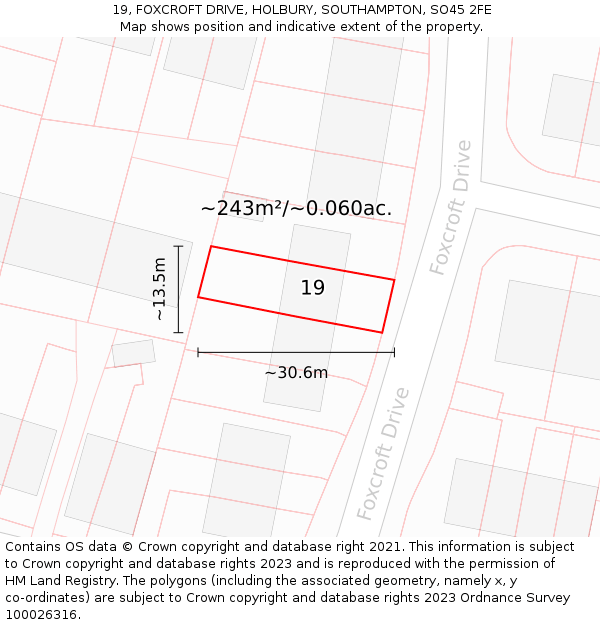 19, FOXCROFT DRIVE, HOLBURY, SOUTHAMPTON, SO45 2FE: Plot and title map