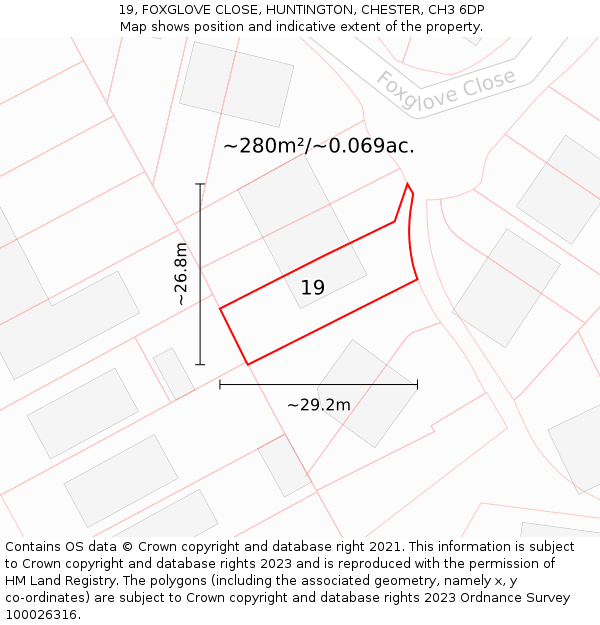 19, FOXGLOVE CLOSE, HUNTINGTON, CHESTER, CH3 6DP: Plot and title map