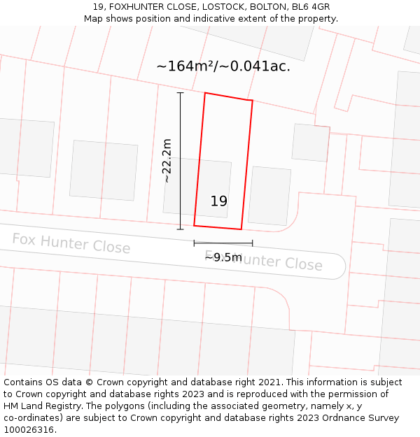 19, FOXHUNTER CLOSE, LOSTOCK, BOLTON, BL6 4GR: Plot and title map