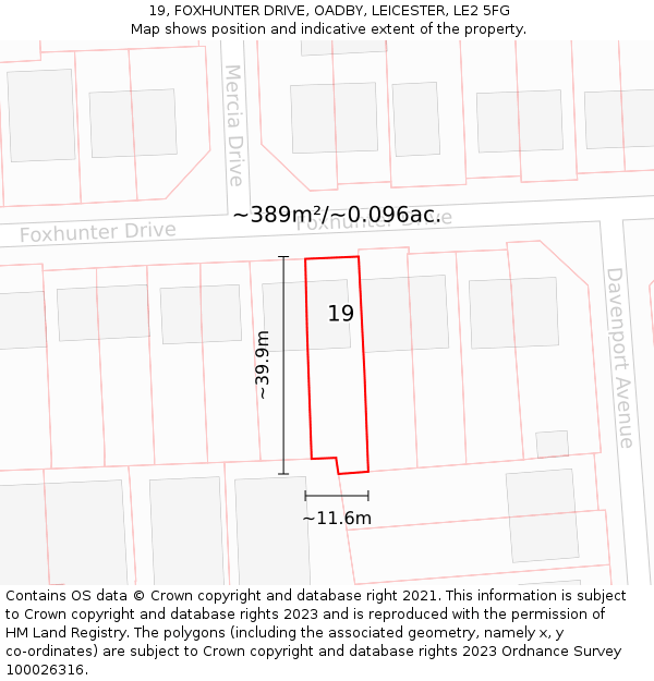 19, FOXHUNTER DRIVE, OADBY, LEICESTER, LE2 5FG: Plot and title map