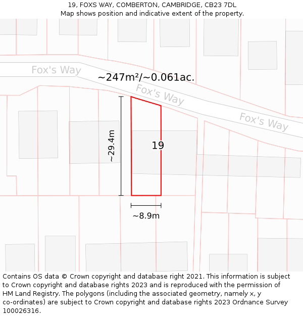 19, FOXS WAY, COMBERTON, CAMBRIDGE, CB23 7DL: Plot and title map