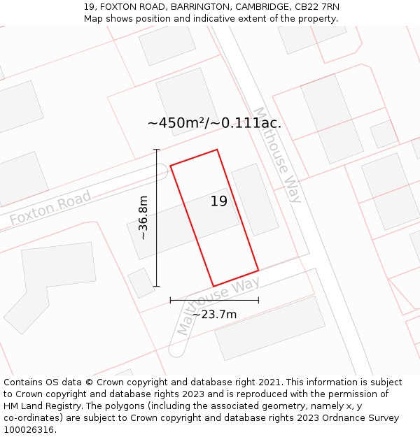 19, FOXTON ROAD, BARRINGTON, CAMBRIDGE, CB22 7RN: Plot and title map
