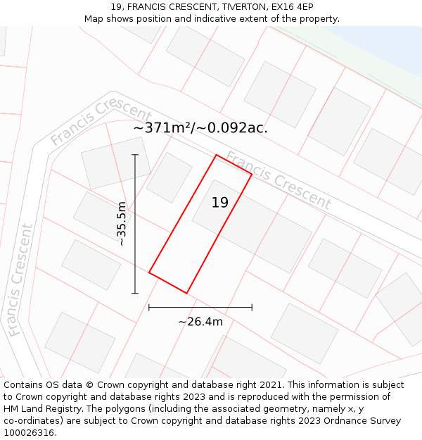 19, FRANCIS CRESCENT, TIVERTON, EX16 4EP: Plot and title map