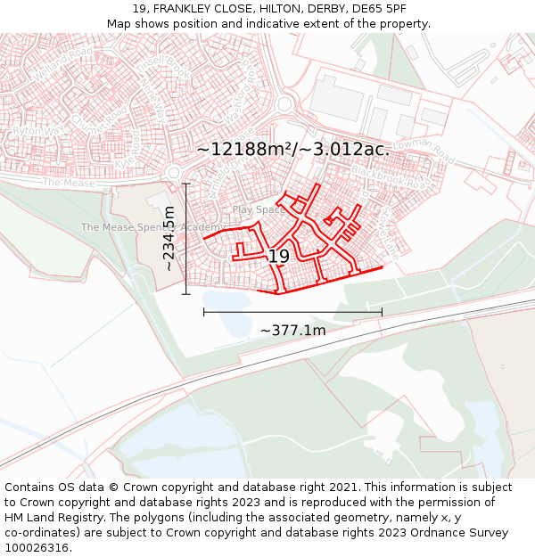 19, FRANKLEY CLOSE, HILTON, DERBY, DE65 5PF: Plot and title map