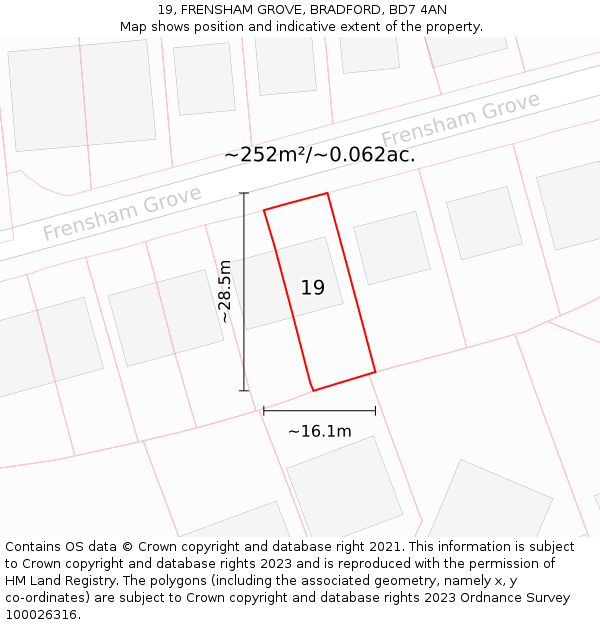 19, FRENSHAM GROVE, BRADFORD, BD7 4AN: Plot and title map