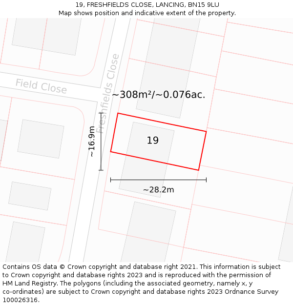 19, FRESHFIELDS CLOSE, LANCING, BN15 9LU: Plot and title map