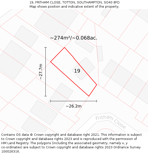 19, FRITHAM CLOSE, TOTTON, SOUTHAMPTON, SO40 8FD: Plot and title map