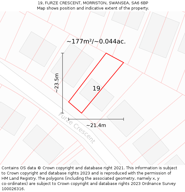 19, FURZE CRESCENT, MORRISTON, SWANSEA, SA6 6BP: Plot and title map