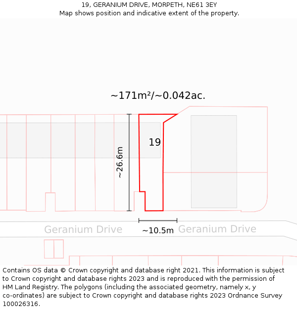 19, GERANIUM DRIVE, MORPETH, NE61 3EY: Plot and title map