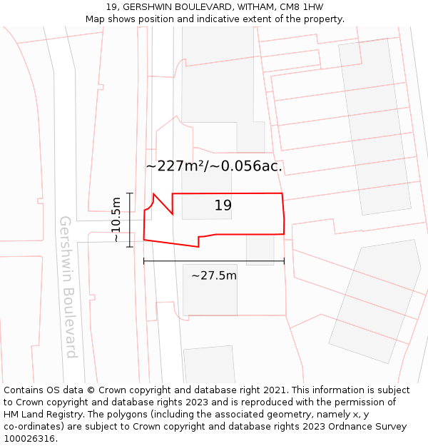 19, GERSHWIN BOULEVARD, WITHAM, CM8 1HW: Plot and title map