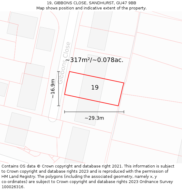 19, GIBBONS CLOSE, SANDHURST, GU47 9BB: Plot and title map