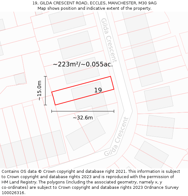 19, GILDA CRESCENT ROAD, ECCLES, MANCHESTER, M30 9AG: Plot and title map
