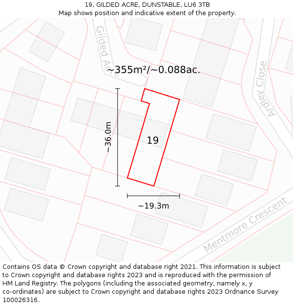 19, GILDED ACRE, DUNSTABLE, LU6 3TB: Plot and title map