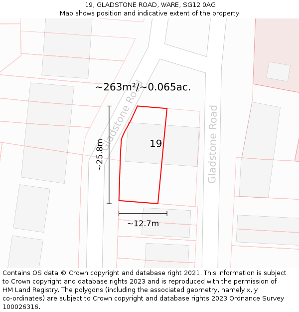 19, GLADSTONE ROAD, WARE, SG12 0AG: Plot and title map