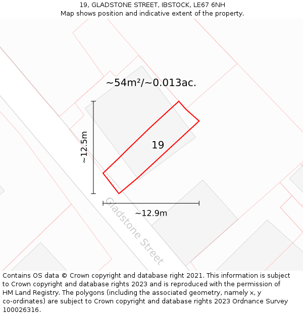 19, GLADSTONE STREET, IBSTOCK, LE67 6NH: Plot and title map