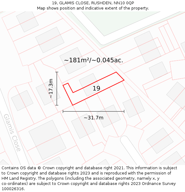 19, GLAMIS CLOSE, RUSHDEN, NN10 0QP: Plot and title map