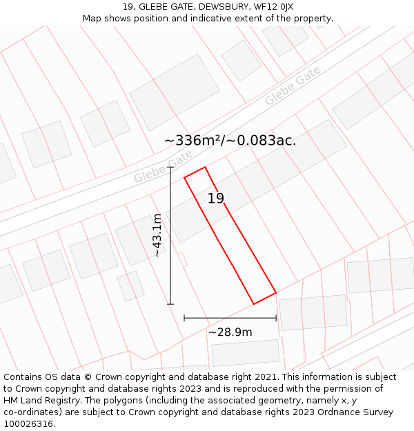 19, GLEBE GATE, DEWSBURY, WF12 0JX: Plot and title map