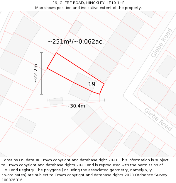 19, GLEBE ROAD, HINCKLEY, LE10 1HF: Plot and title map