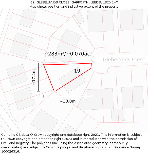 19, GLEBELANDS CLOSE, GARFORTH, LEEDS, LS25 1HY: Plot and title map