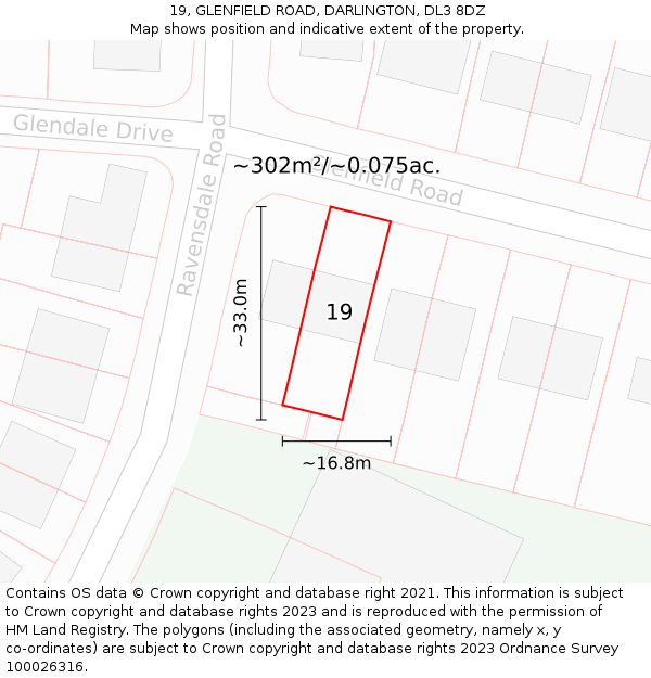 19, GLENFIELD ROAD, DARLINGTON, DL3 8DZ: Plot and title map