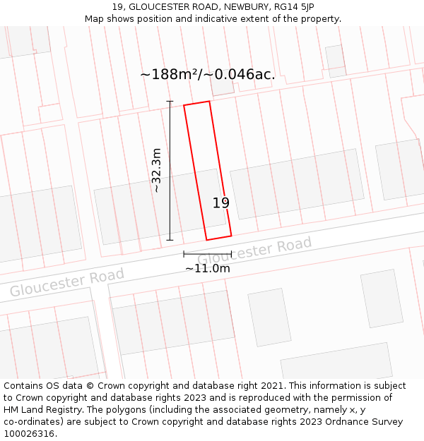 19, GLOUCESTER ROAD, NEWBURY, RG14 5JP: Plot and title map
