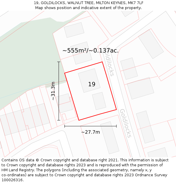 19, GOLDILOCKS, WALNUT TREE, MILTON KEYNES, MK7 7LF: Plot and title map