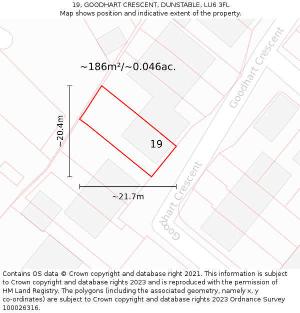 19, GOODHART CRESCENT, DUNSTABLE, LU6 3FL: Plot and title map