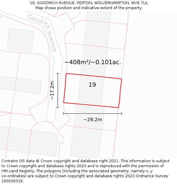 19, GOODRICH AVENUE, PERTON, WOLVERHAMPTON, WV6 7UL: Plot and title map