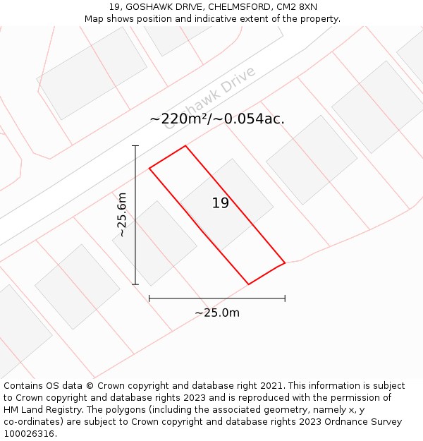 19, GOSHAWK DRIVE, CHELMSFORD, CM2 8XN: Plot and title map