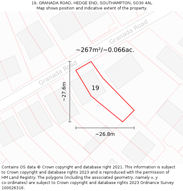 19, GRANADA ROAD, HEDGE END, SOUTHAMPTON, SO30 4AL: Plot and title map