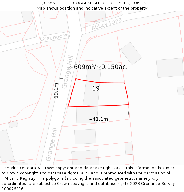 19, GRANGE HILL, COGGESHALL, COLCHESTER, CO6 1RE: Plot and title map
