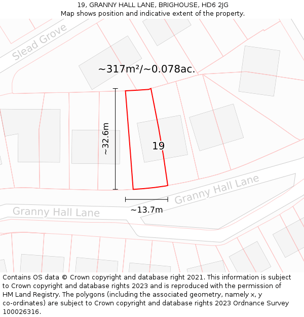 19, GRANNY HALL LANE, BRIGHOUSE, HD6 2JG: Plot and title map