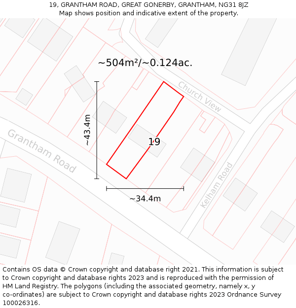 19, GRANTHAM ROAD, GREAT GONERBY, GRANTHAM, NG31 8JZ: Plot and title map