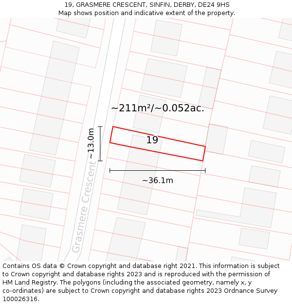 19, GRASMERE CRESCENT, SINFIN, DERBY, DE24 9HS: Plot and title map